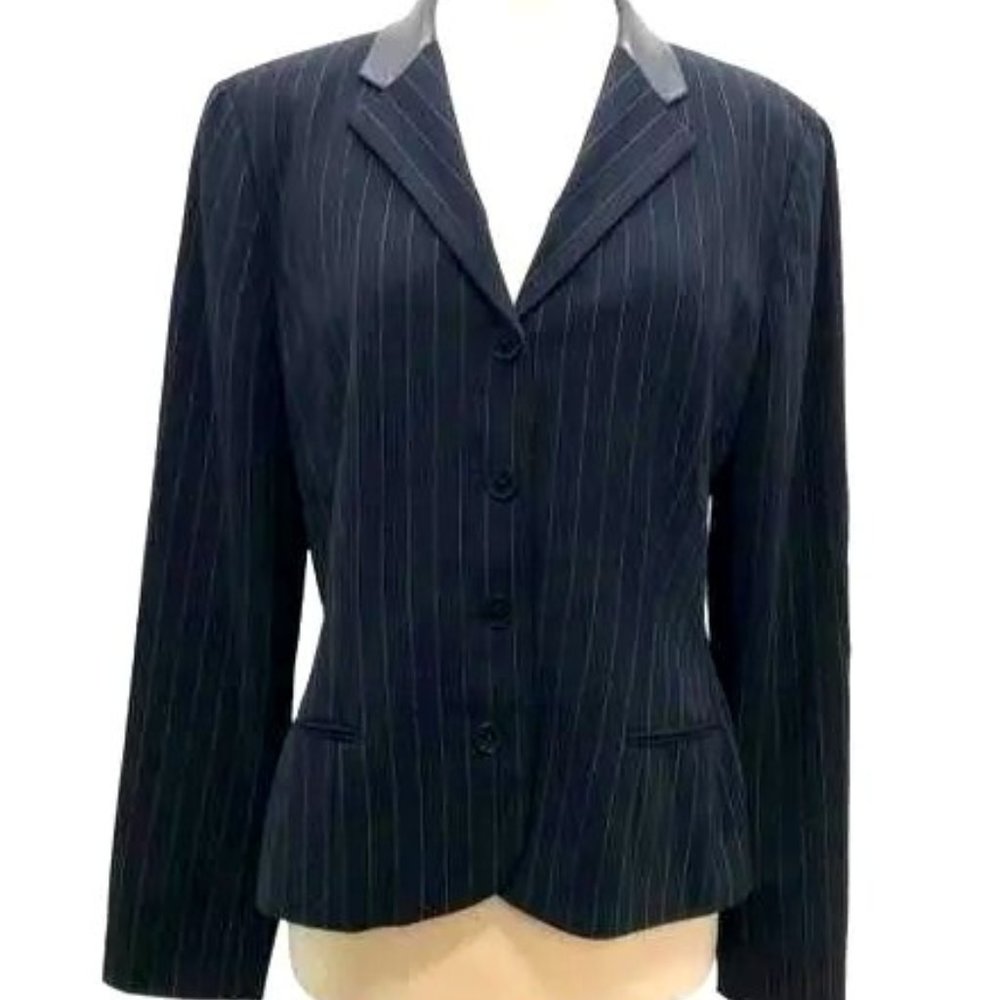 Ralph Lauren Black Pinstripe Wool Blazer Leather Collar Size 12 Made in U.S.A.